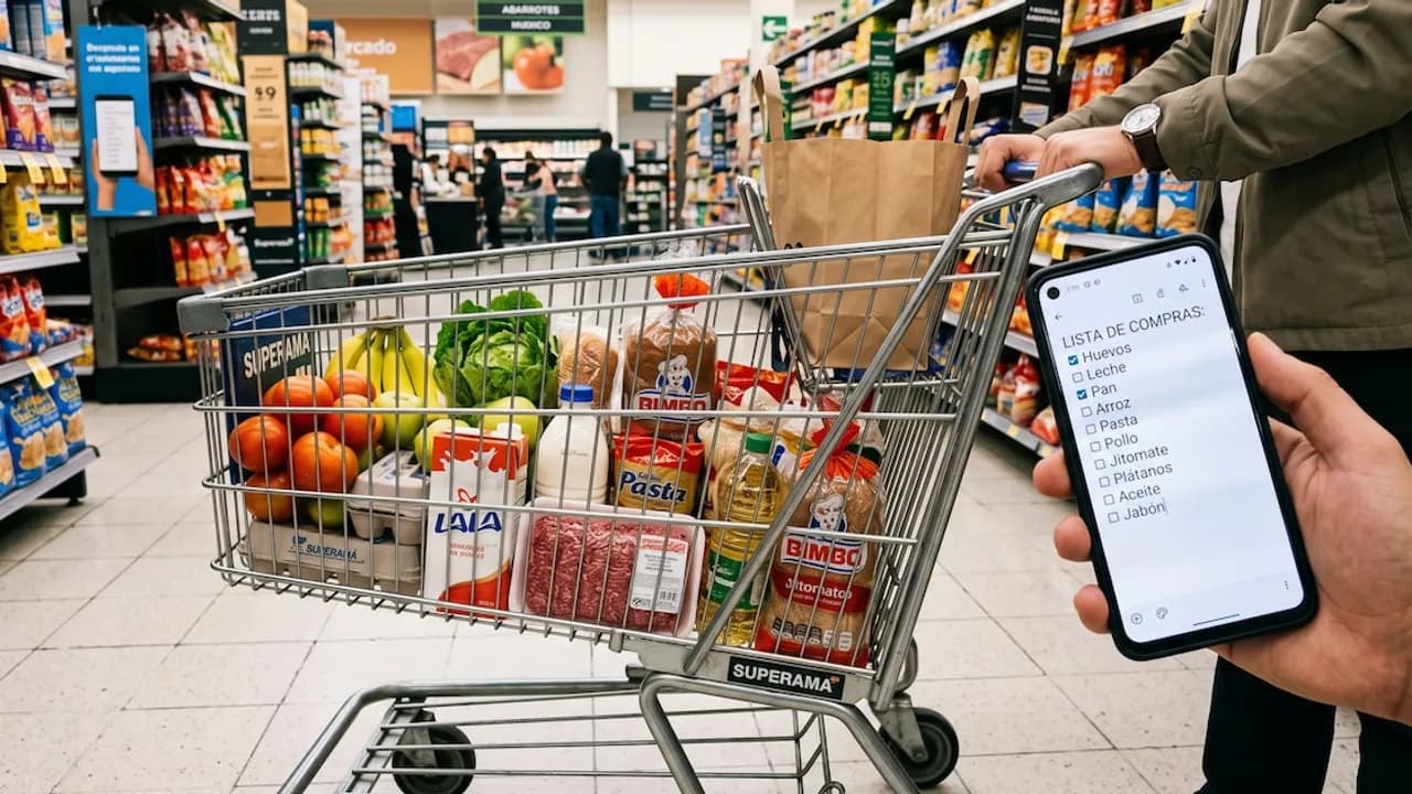 Carro de compras lleno de alimentos en un supermercado con una persona revisando una lista en su celular