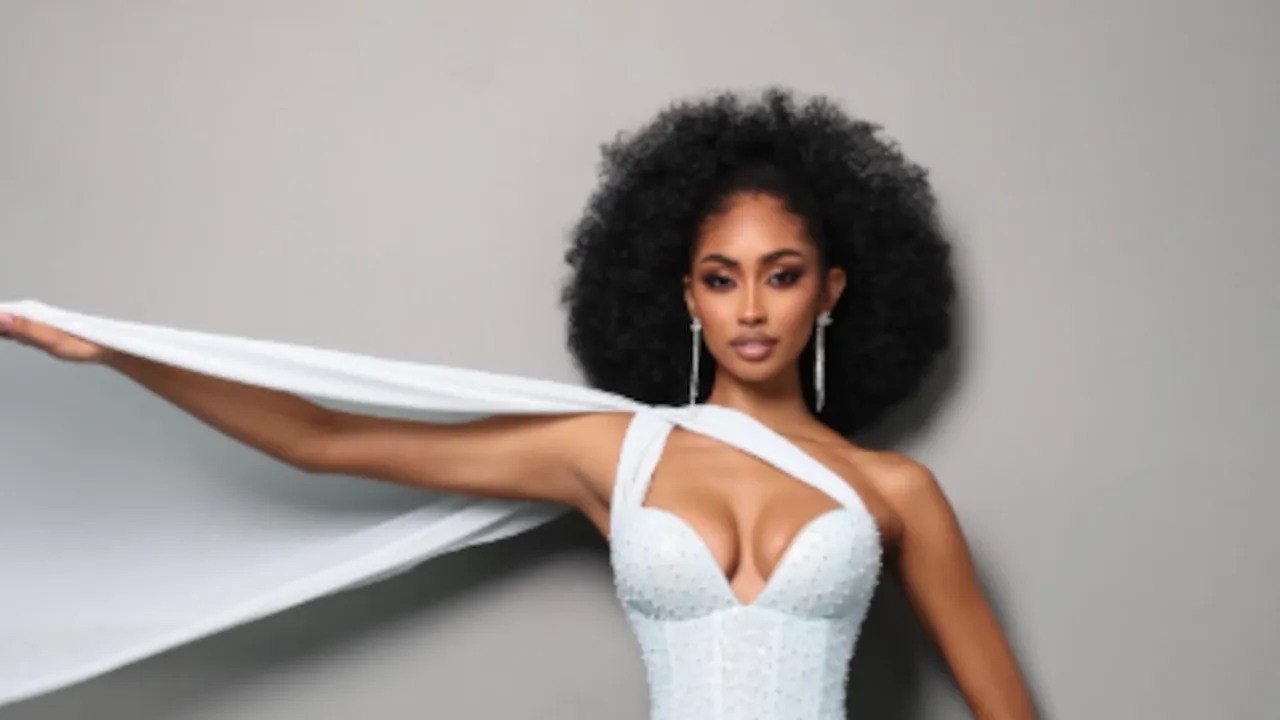 Mujer afrodescendiente con vestido blanco de corsé y escote pronunciado posa con su cabello afro natural