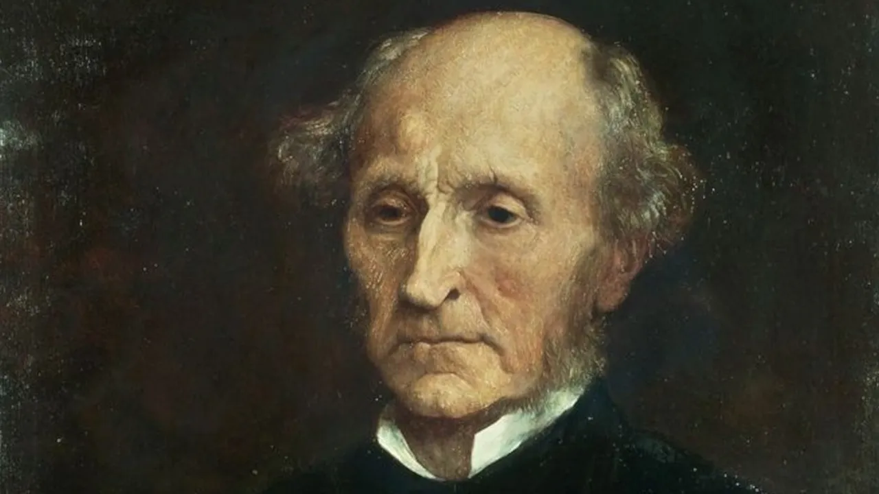 Retrato al óleo del filósofo John Stuart Mill de frente sobre un fondo oscuro