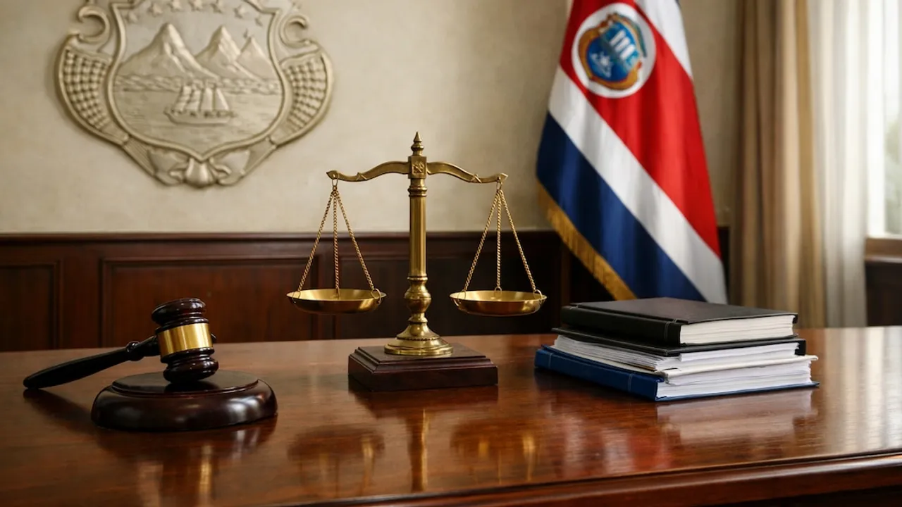 Balanza de la justicia y mazo de madera sobre un escritorio con la bandera de Costa Rica al fondo