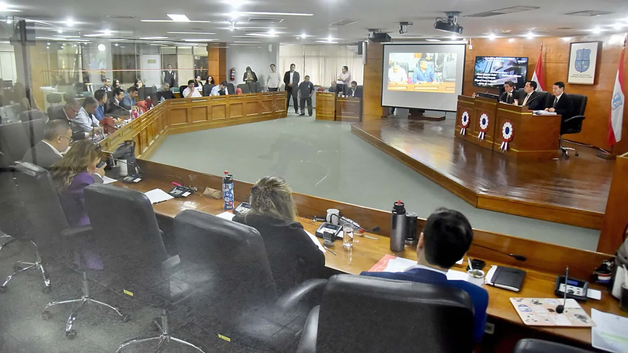 Sala de sesiones legislativas con autoridades en semicírculo frente a pantallas y funcionarios sentados en el recinto.