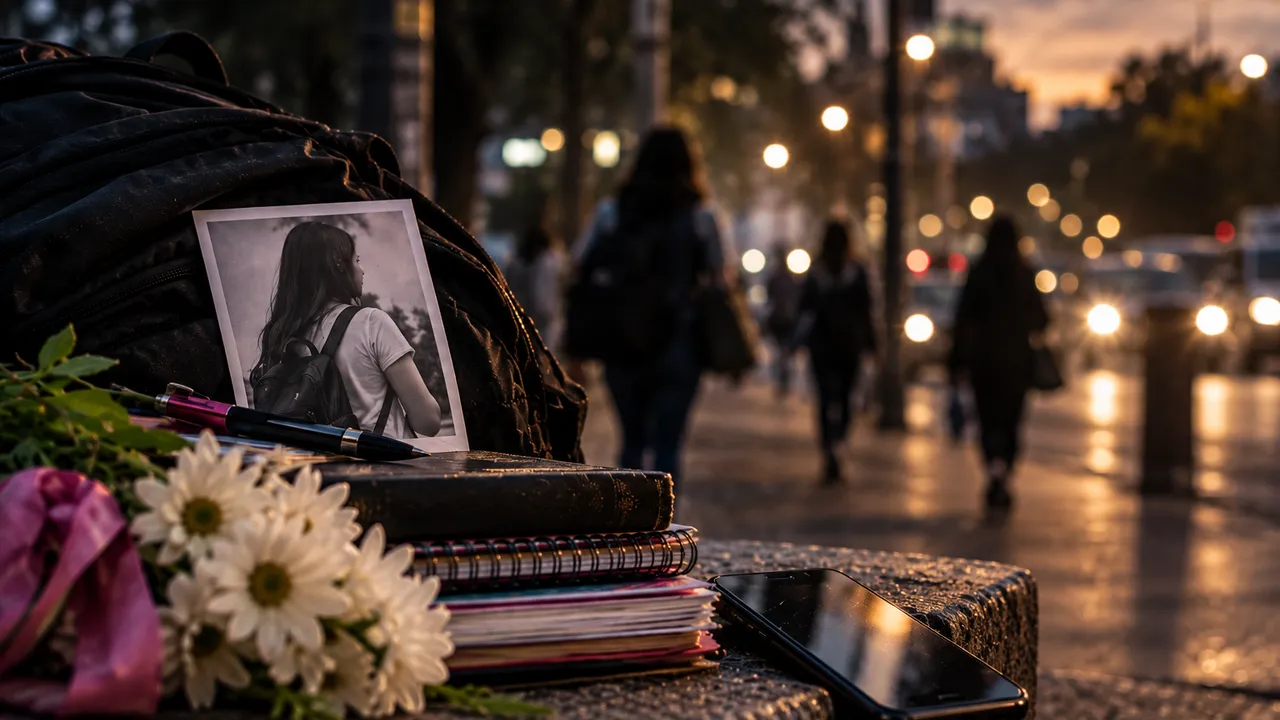 Retrato fotográfico de una mujer sobre una mochila y flores depositadas en un banco urbano con fondo de calle iluminada