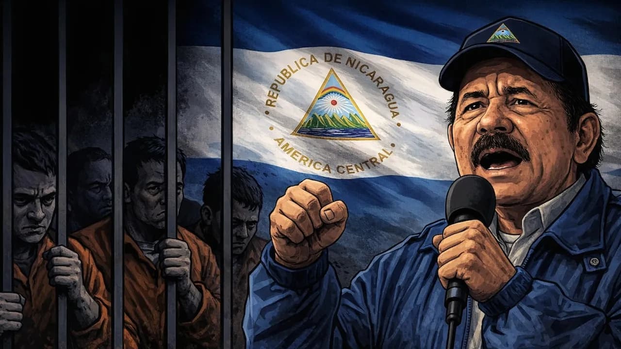 Ilustración de Daniel Ortega al micrófono con bandera nicaragüense de fondo y reclusos tras las rejas de una celda.