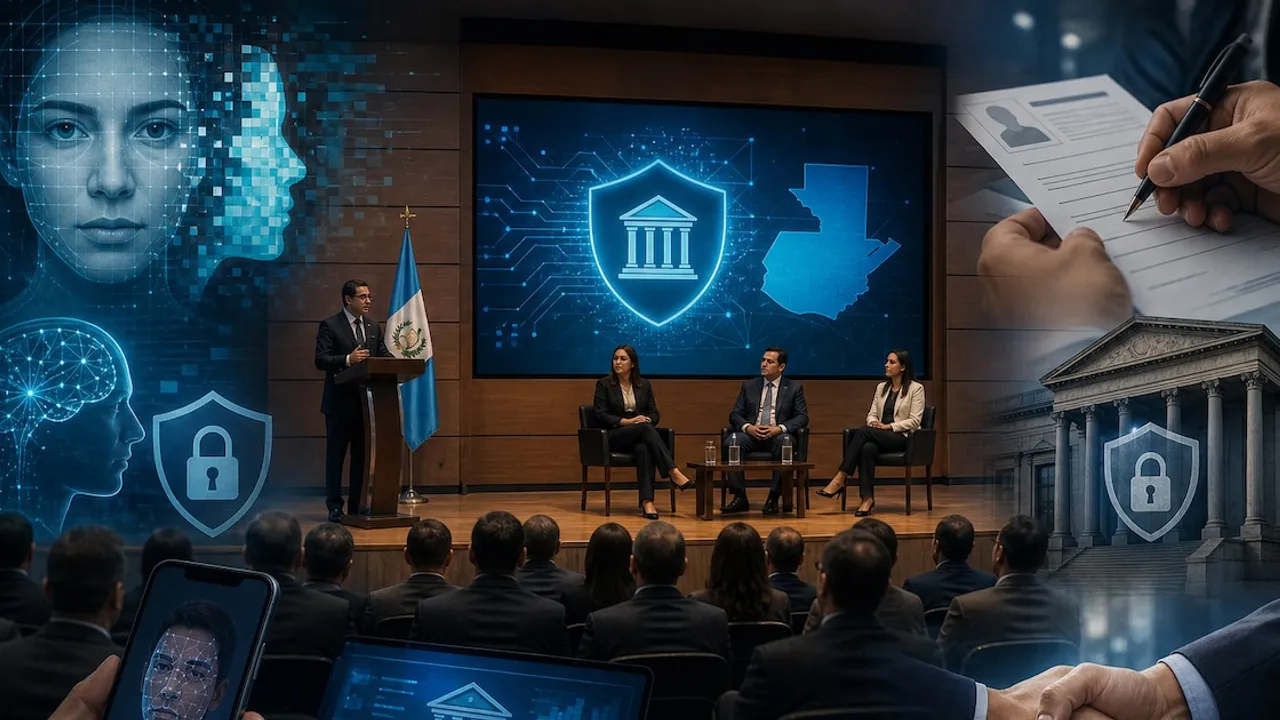 Conferencistas sentados frente a una audiencia en un auditorio con pantallas sobre ciberseguridad bancaria.