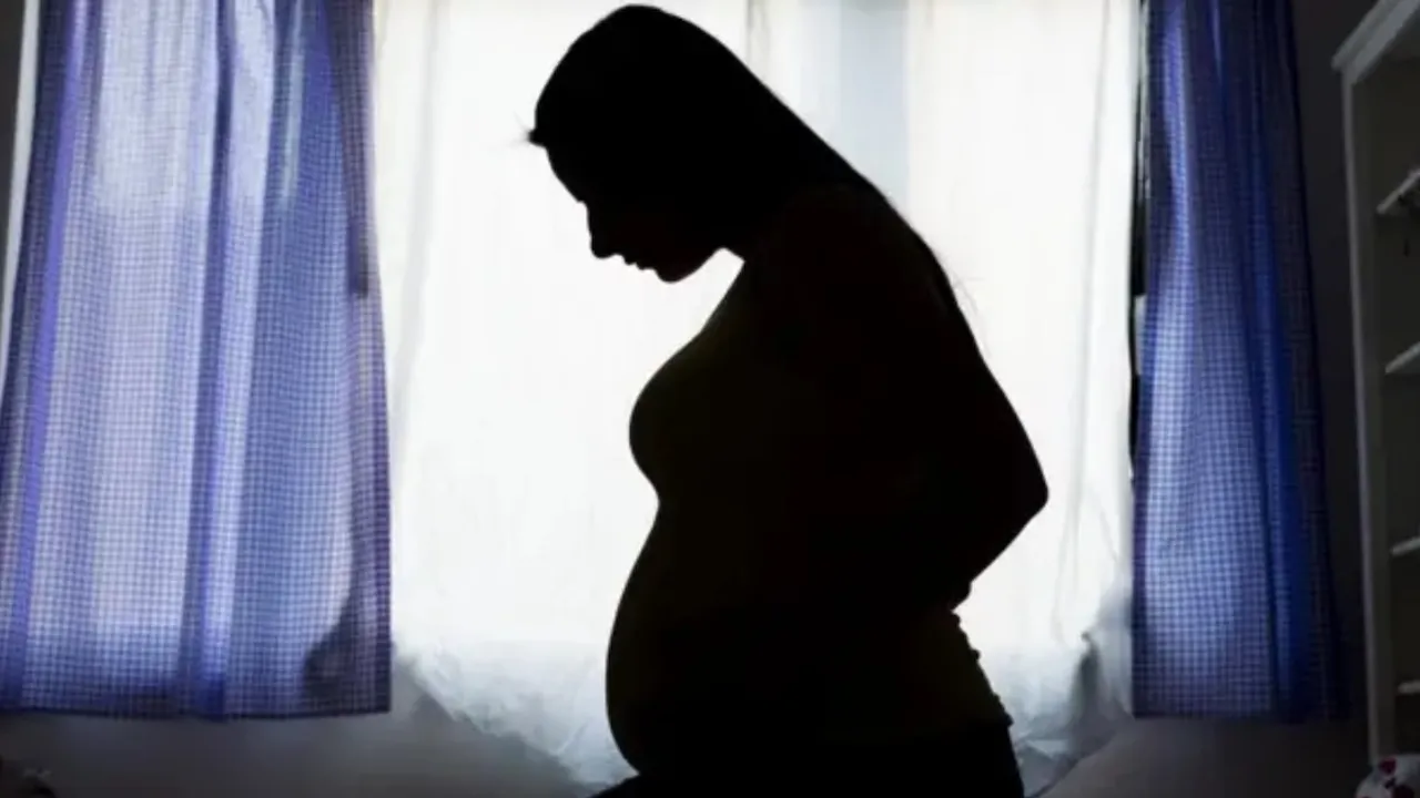 Silueta a contraluz de una mujer embarazada de perfil frente a una ventana con cortinas.
