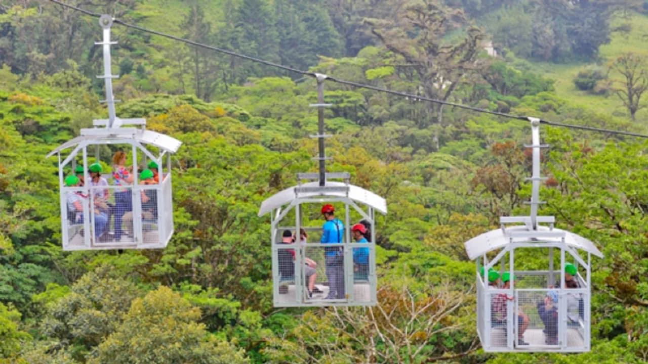 Turistas con cascos de protección viajan en cabinas abiertas de un teleférico sobre una densa vegetación boscosa.