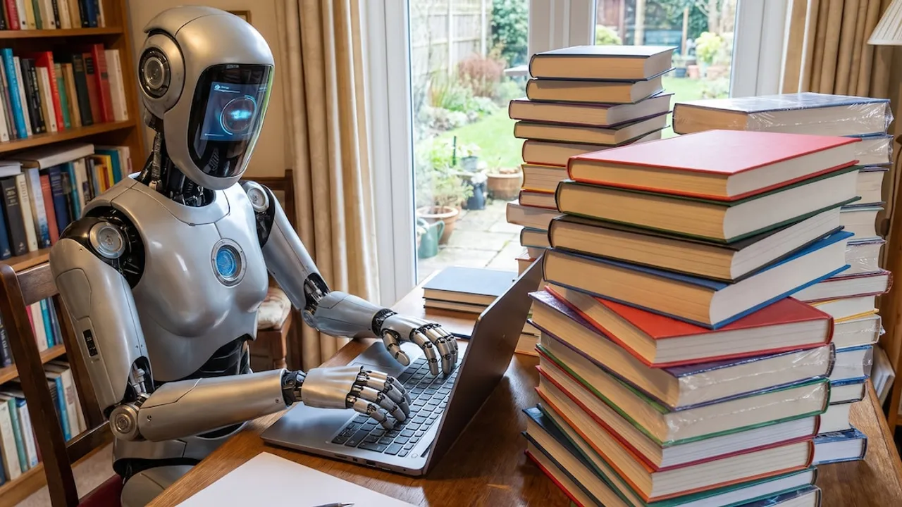 Robot humanoide metálico sentado frente a una computadora portátil rodeado de grandes pilas de libros en una habitación.