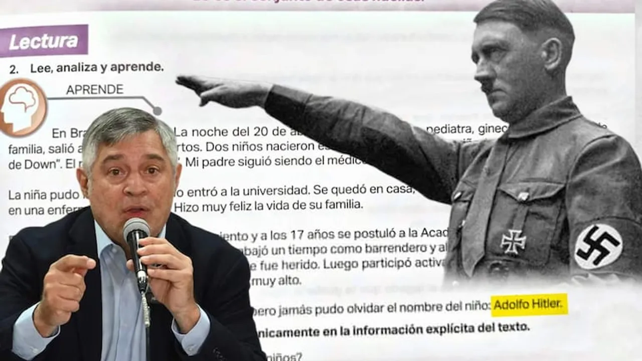 Hombre con camisa y saco habla ante un micrófono frente a la página de un libro escolar que muestra a Adolf Hitler.