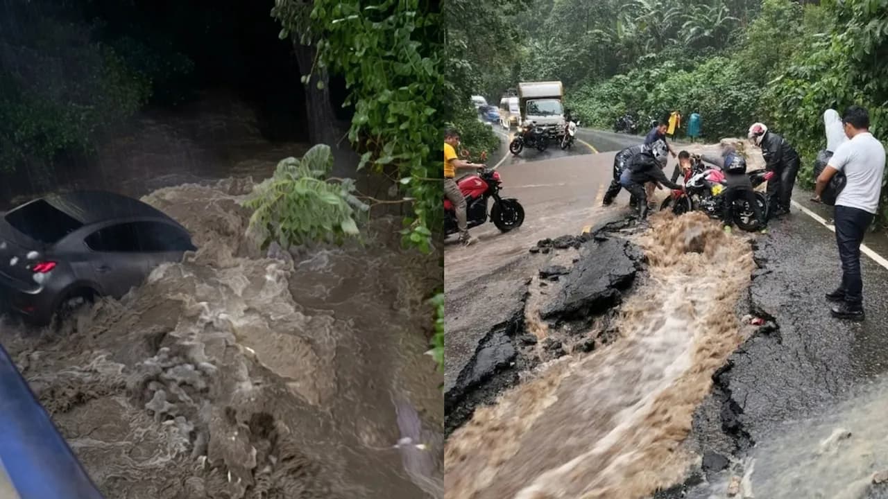 Vehículo atascado en un raudal y motociclistas cruzando una carretera destruida por la corriente de agua.