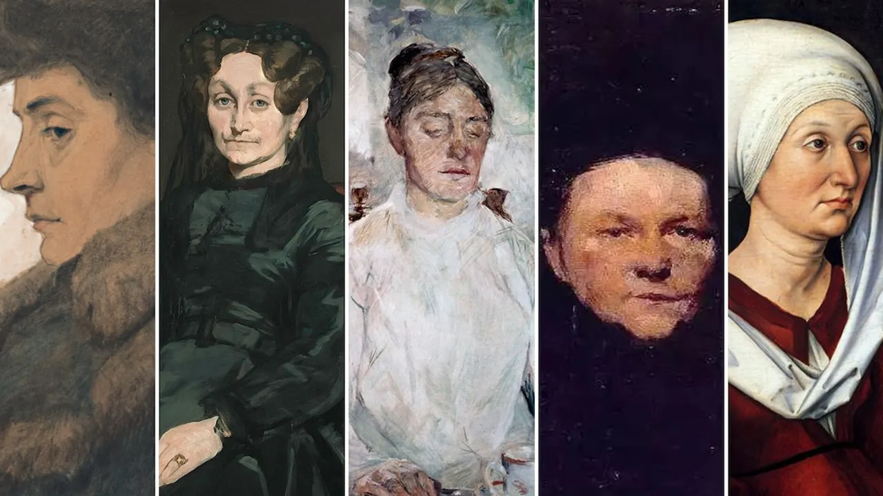 Cinco retratos pictóricos de rostros de mujeres de distintas épocas colocados en paneles verticales contiguos.