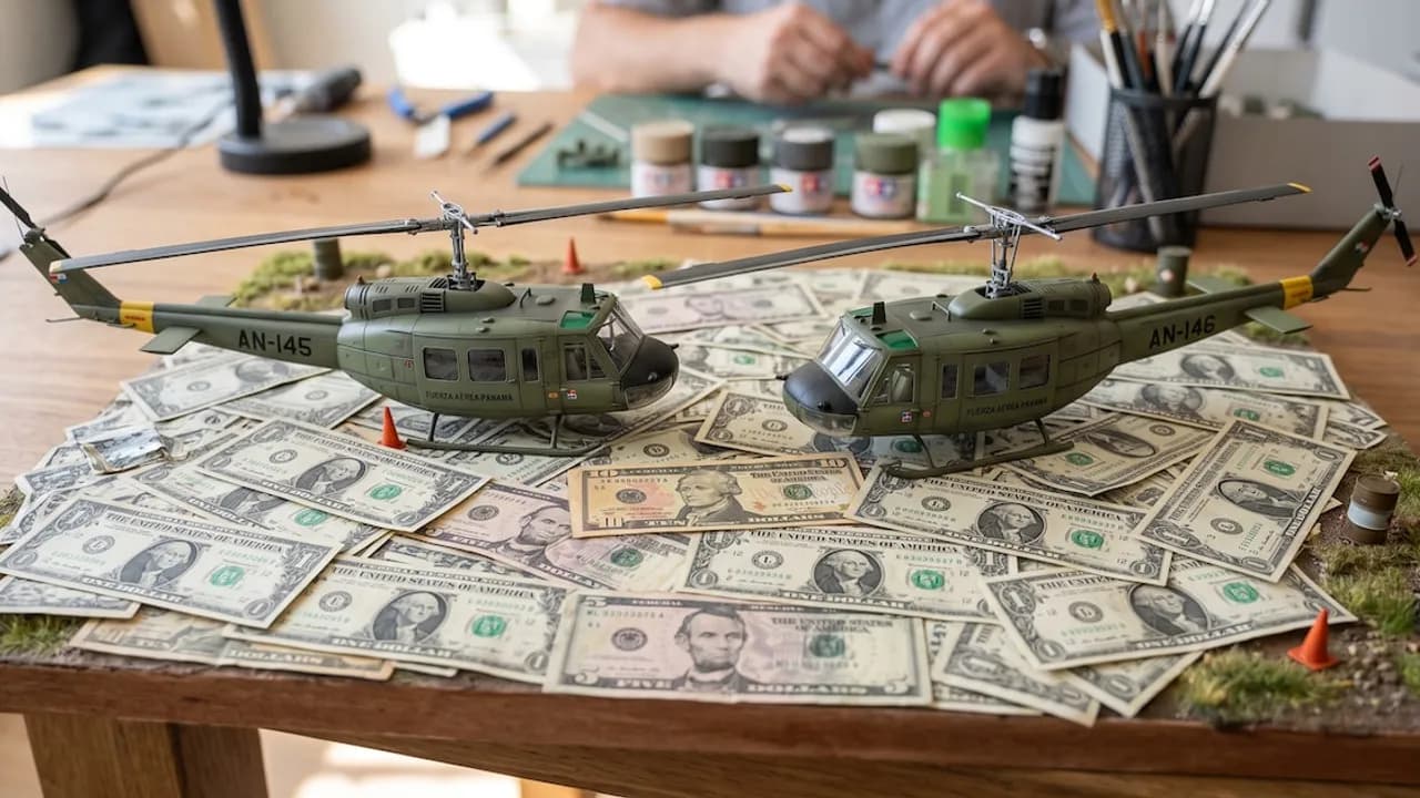 Dos helicópteros militares a escala posados sobre una montaña de billetes de dólares en una mesa de modelismo.
