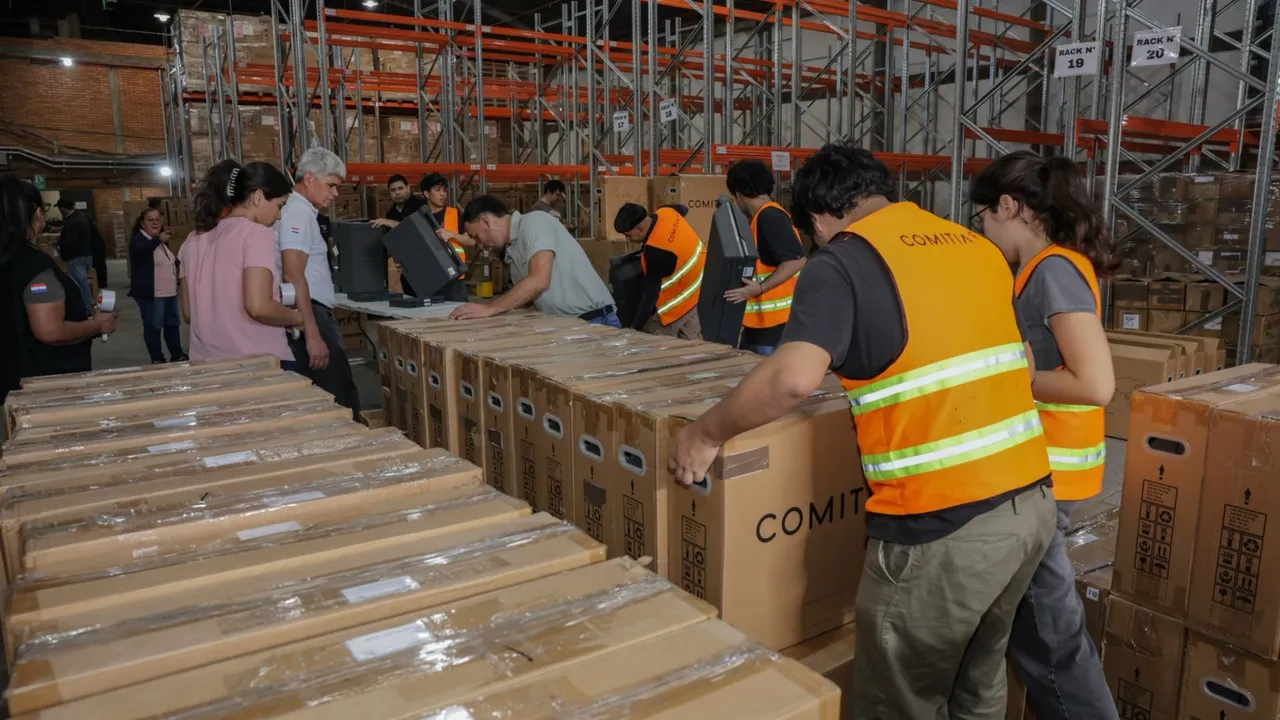 Operarios con chalecos reflectantes manipulan cajas de equipos electorales en un depósito con estanterías metálicas.