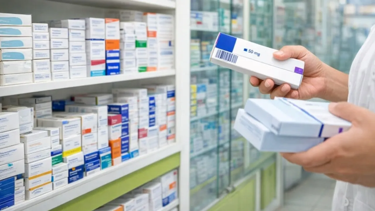 Farmacéutico sostiene cajas de medicamentos frente a estanterías repletas de fármacos.