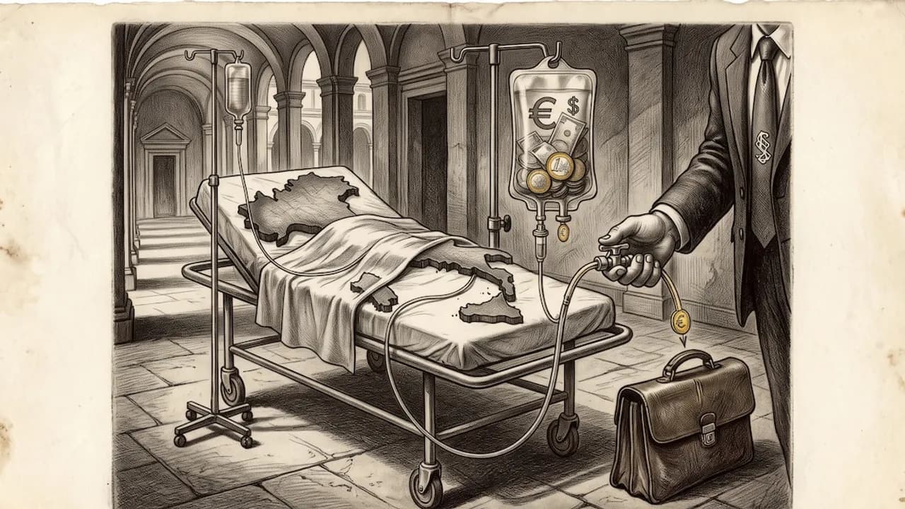 Dibujo alegórico de una camilla médica con el contorno de Italia recibiendo un goteo de dinero hacia un portafolios.