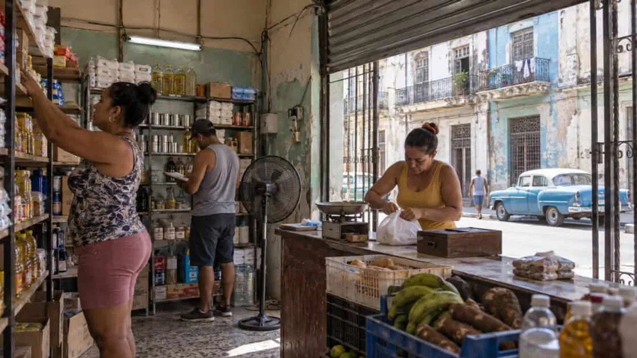 Mujer despacha víveres detrás del mostrador de un almacén cubano con estanterías y ventilador de pie.
