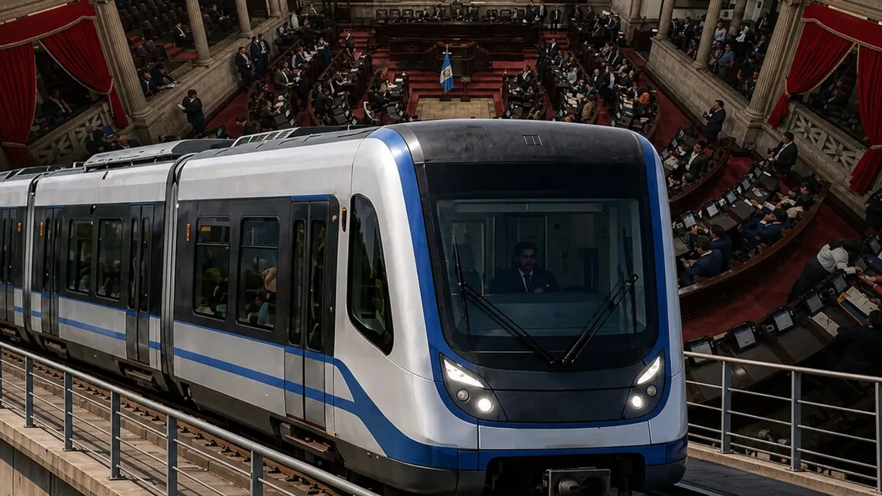 Tren de pasajeros moderno blanco y azul en primer plano sobre el hemiciclo de un parlamento con curules y cortinas rojas.
