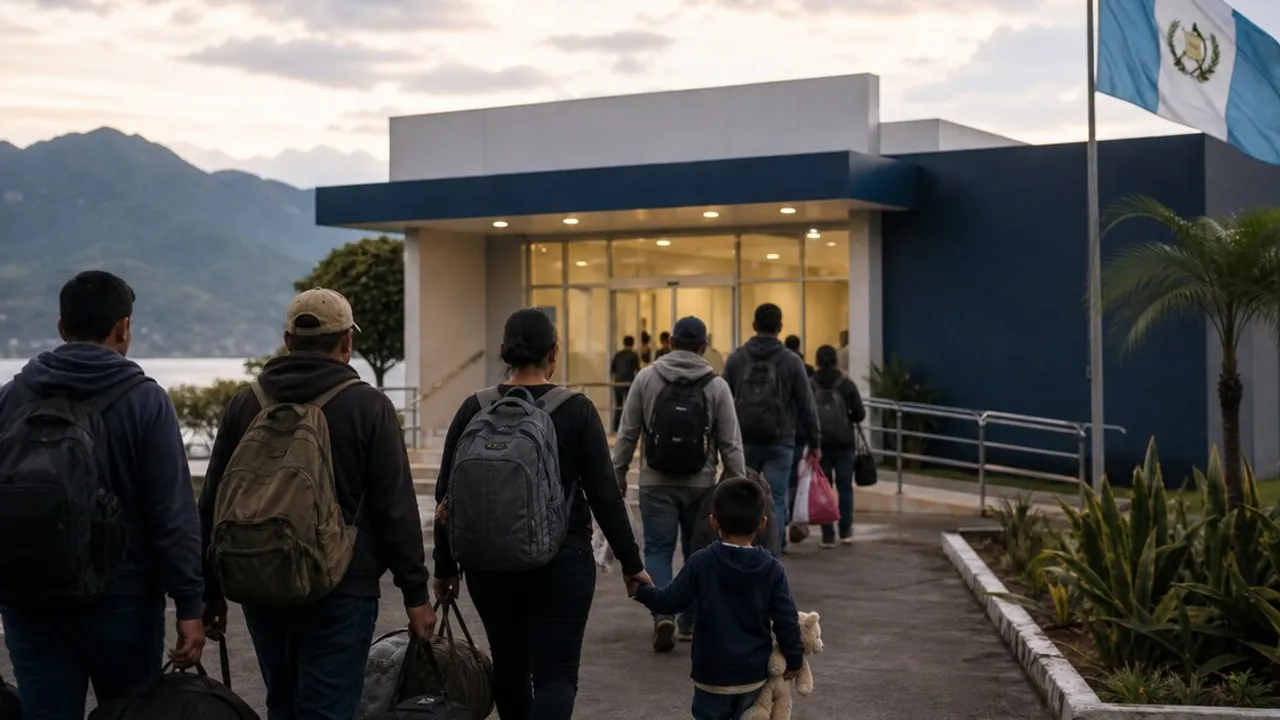 Personas de espaldas con mochilas y bolsos caminan hacia la entrada de un edificio con la bandera de Guatemala.