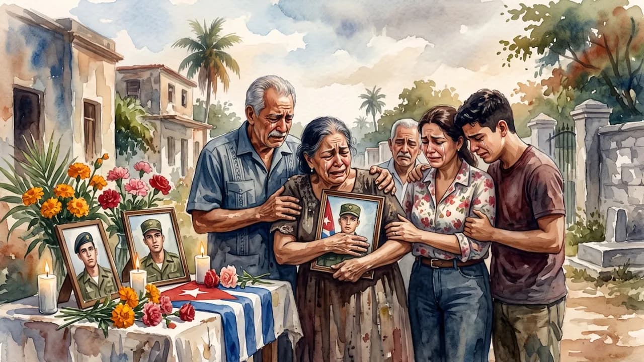 Familiares lloran desconsolados sosteniendo el retrato de un joven militar fallecido frente a un altar con flores.