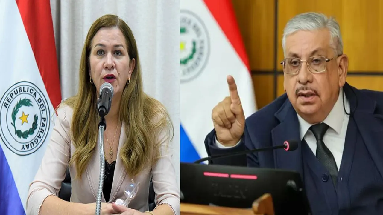 María Teresa Barán e Isaías Fretes frente a banderas paraguayas y micrófonos durante actos oficiales.
