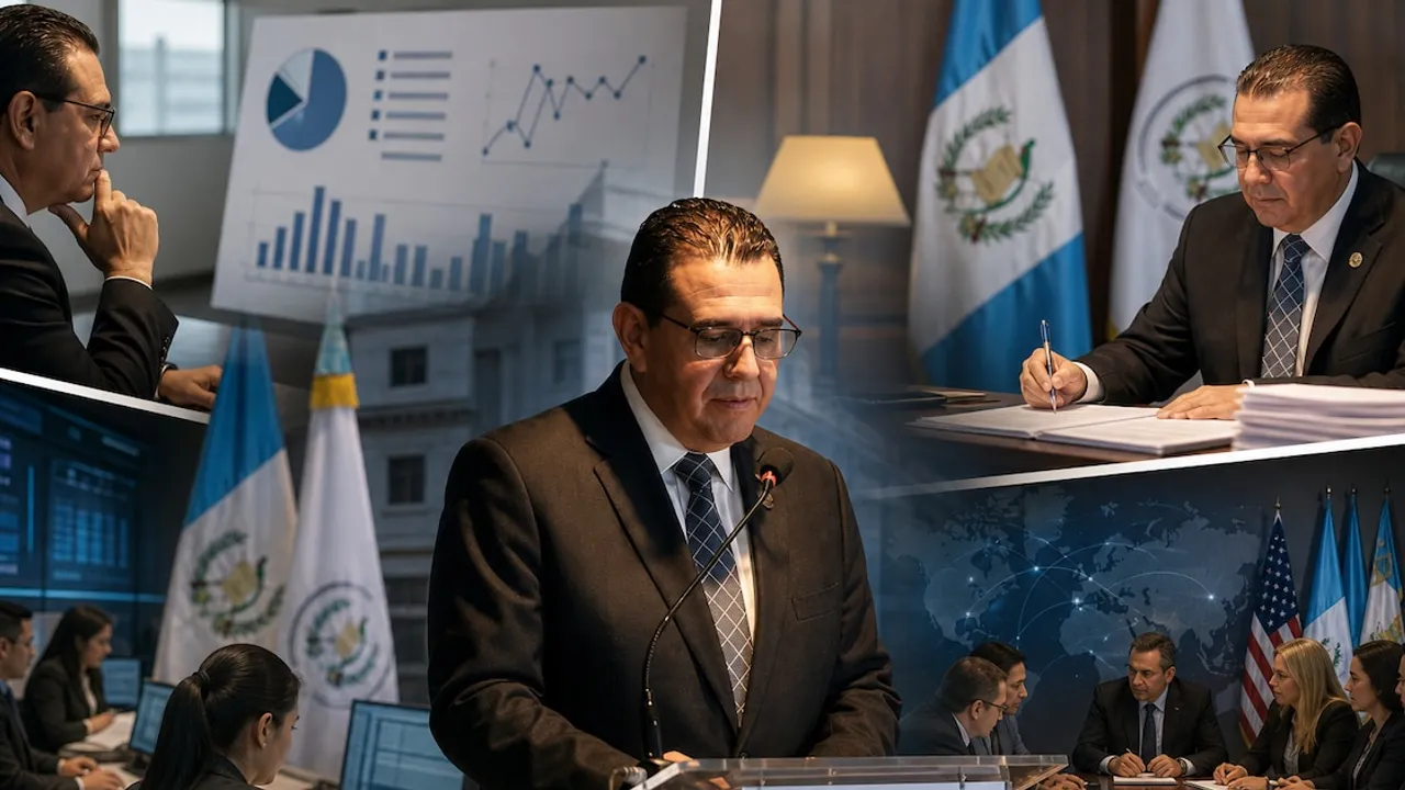 Hombre con traje y lentes hablando en un podio con banderas institucionales y gráficos de fondo.