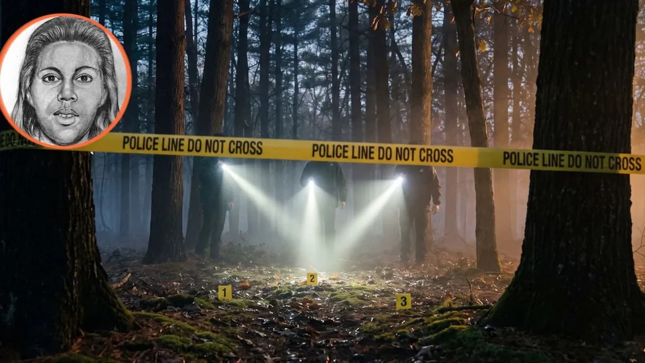 Cinta policial en un bosque de noche iluminado por linternas con el retrato de una mujer en un círculo.