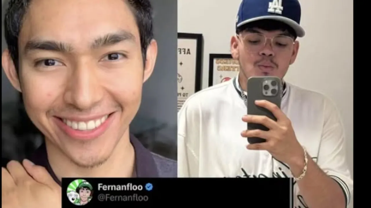 Retrato dividido del youtuber Fernanfloo sonriendo y de Komanche tomándose una fotografía con su teléfono frente al espejo.