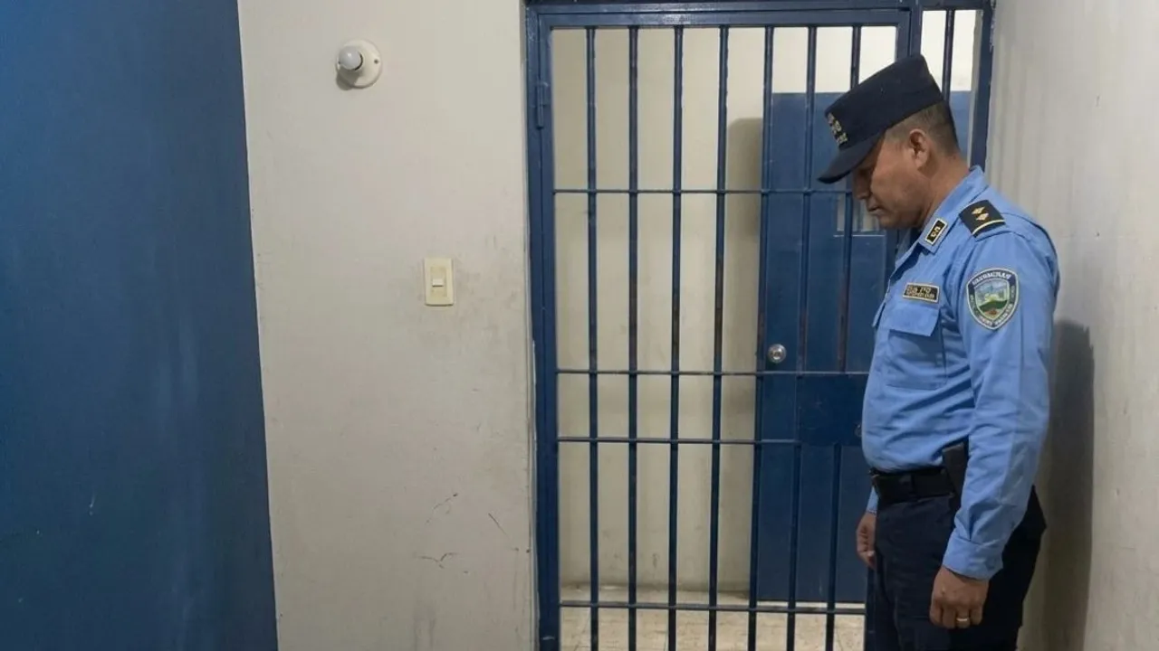 Agente policial uniformado parado frente a las rejas azules de una celda en una comisaría.