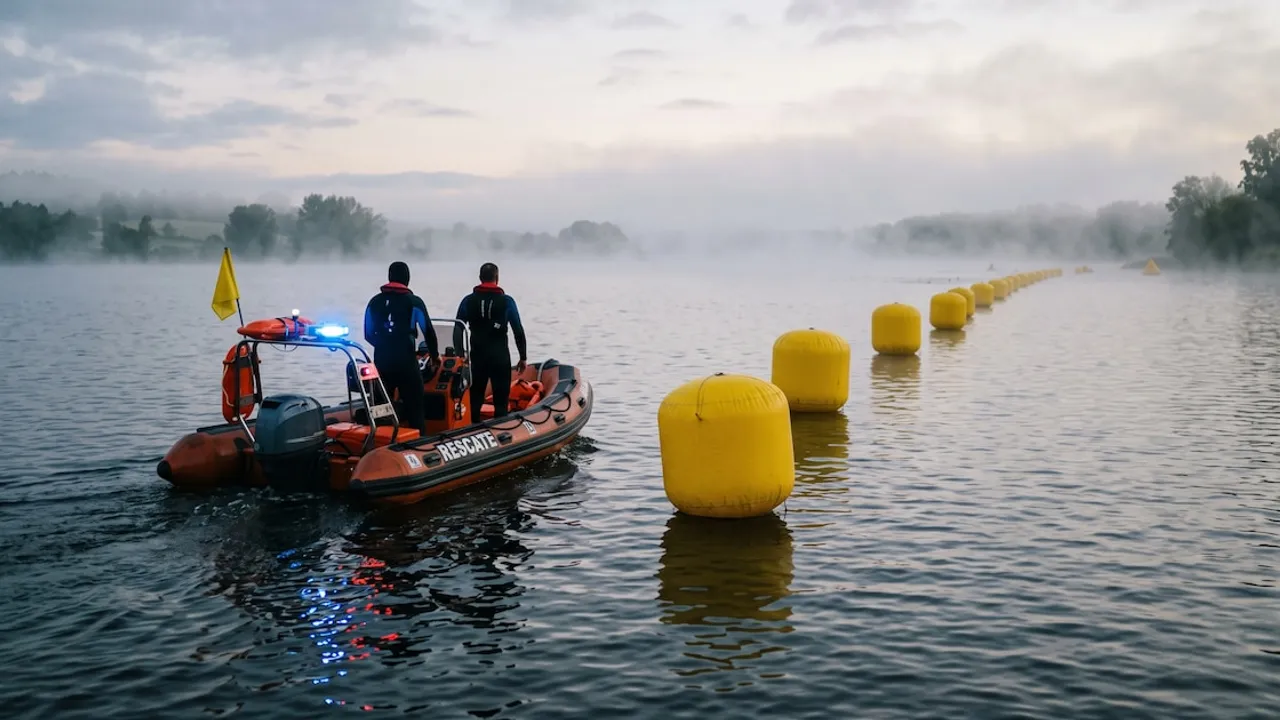 Bote de rescate naranja navega junto a una hilera de boyas amarillas en aguas cubiertas por la niebla.