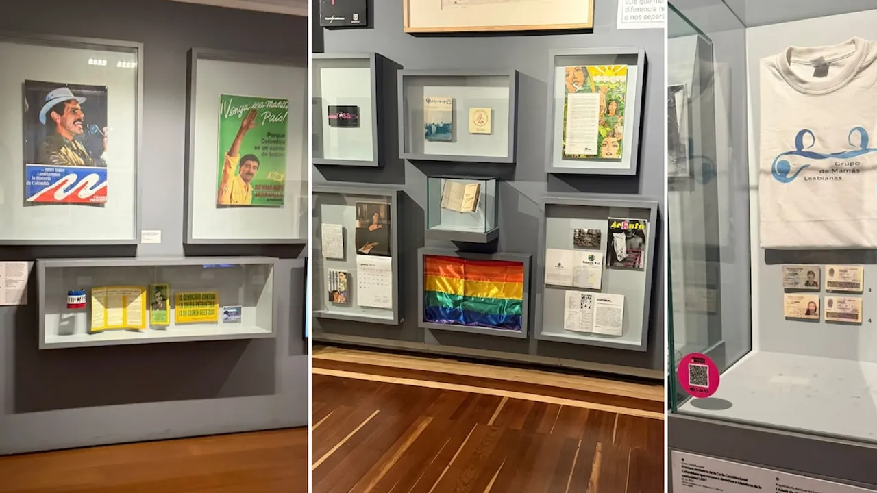 Muestrarios de museo con afiches políticos, documentos históricos, una bandera del orgullo LGBT y una remera en vitrina.