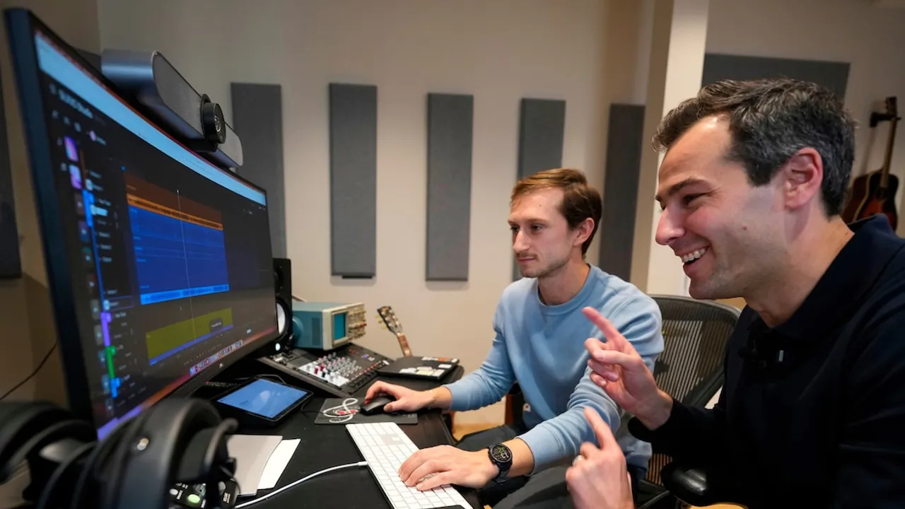 Dos hombres sonríen y señalan un monitor curvo con pistas de audio en un estudio de grabación con paneles acústicos.