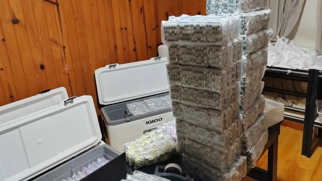 Pilas de paquetes rectangulares sellados con plástico y conservadoras blancas en una habitación con pared de madera.