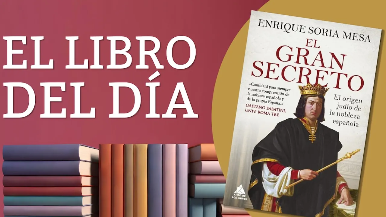 Portada del libro El gran secreto junto a una pila de libros sobre fondo rojo con el retrato de un monarca.