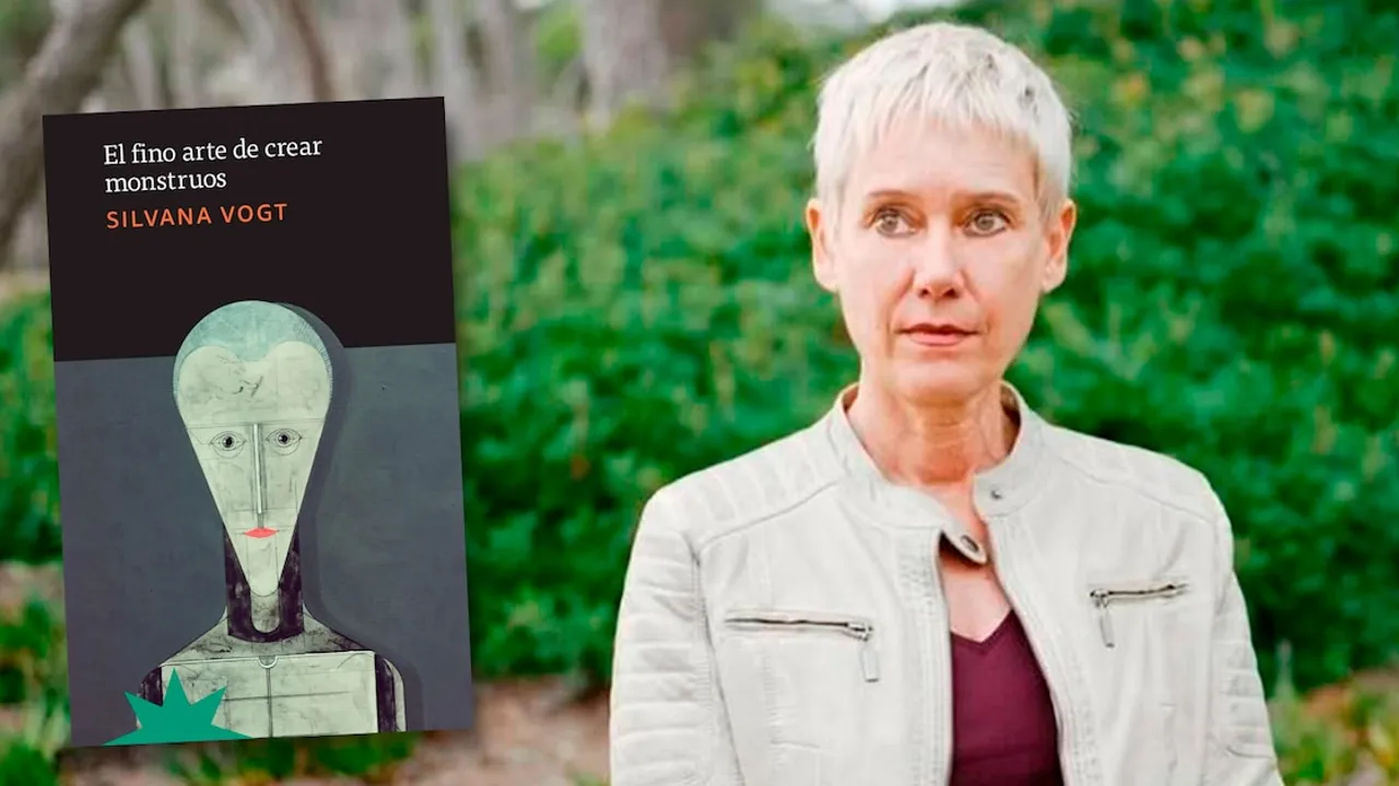 Mujer de cabello corto y chaqueta clara junto a la portada ilustrada de un libro sobre fondo verde natural.