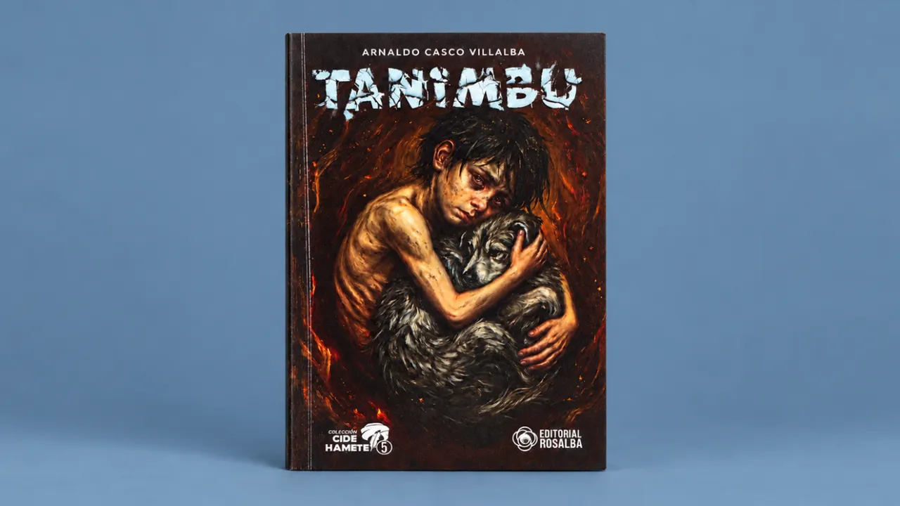 Portada del libro Tanimbu con la ilustración de un niño abrazando a un perro con fondo de fuego