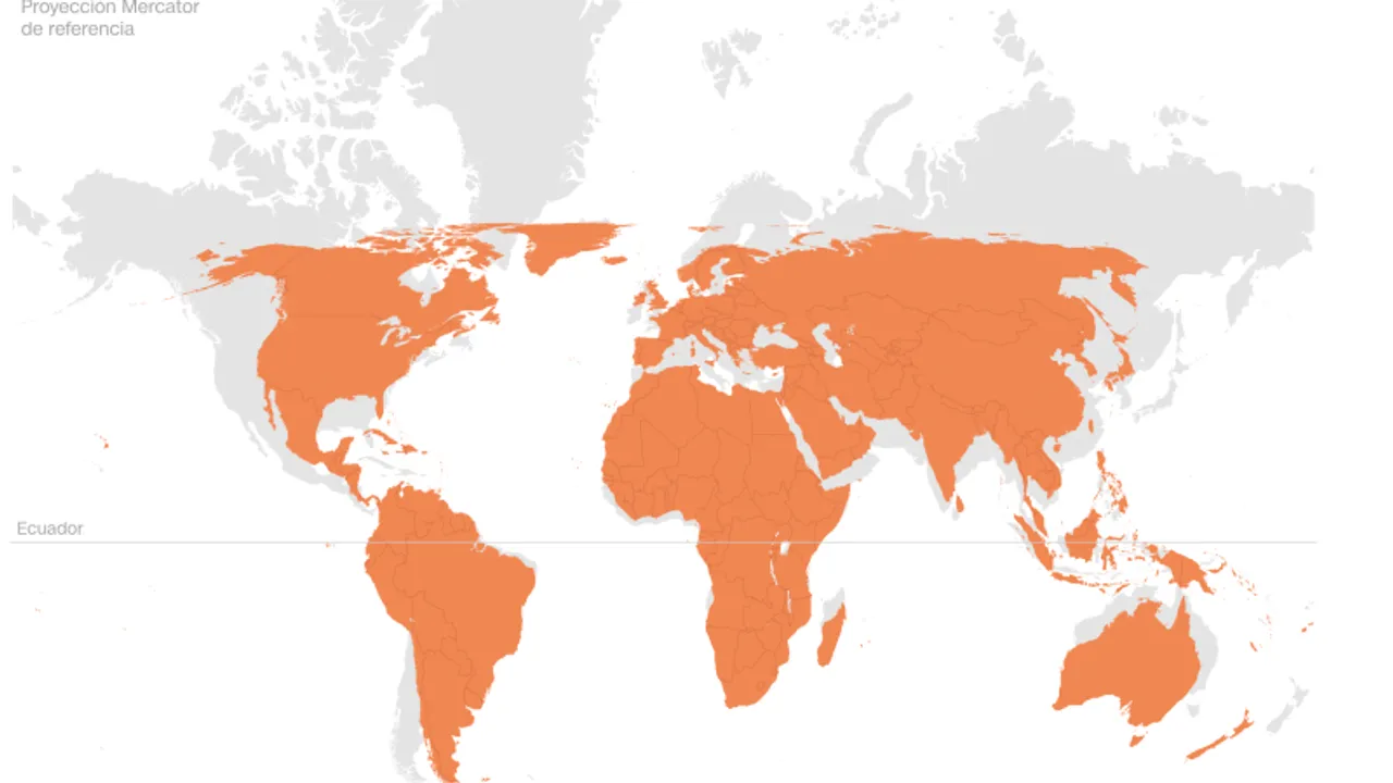Planisferio con continentes en color naranja sobre fondo claro que compara distorsiones de la proyección Mercator.