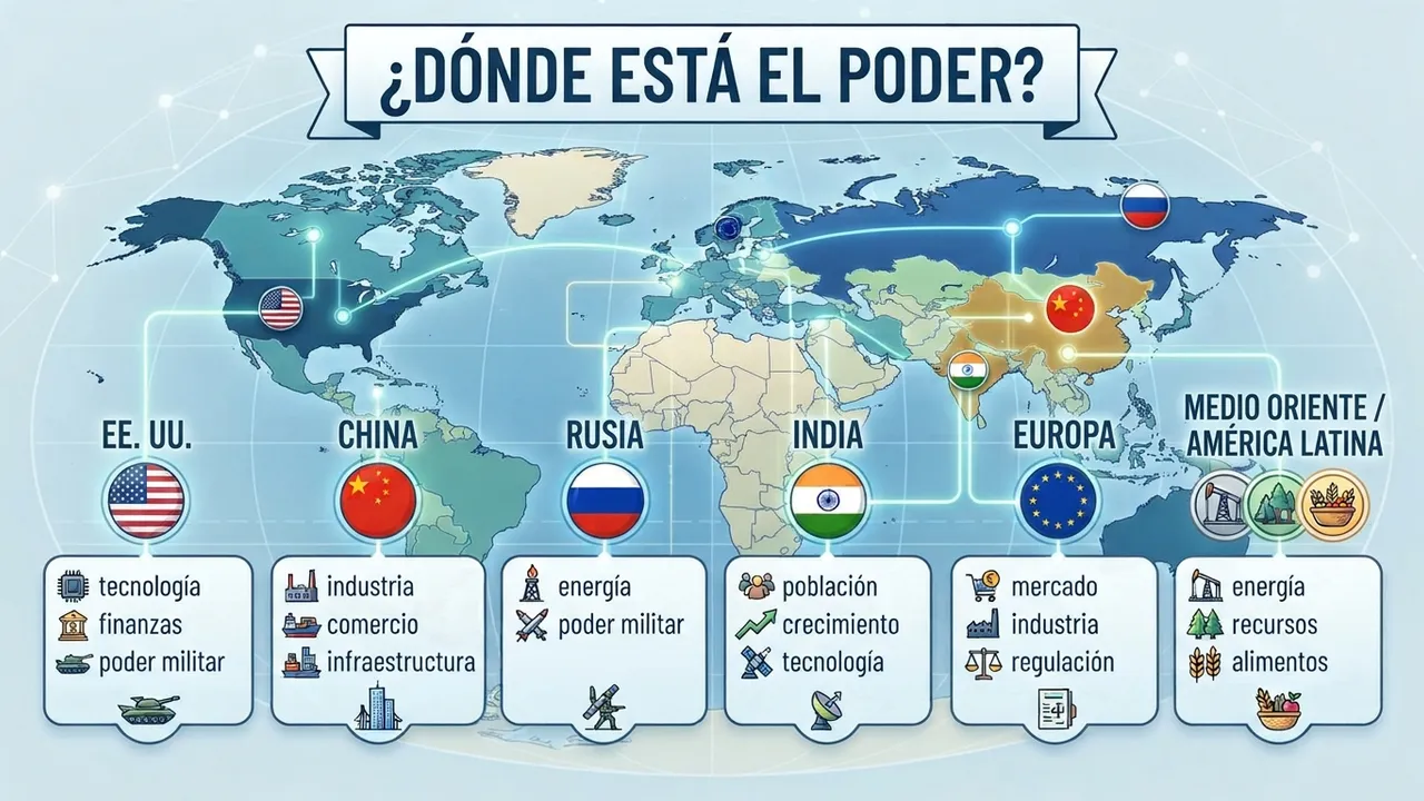 Mapa planisferio ilustrado con banderas de potencias mundiales e íconos sobre tecnología, industria y energía