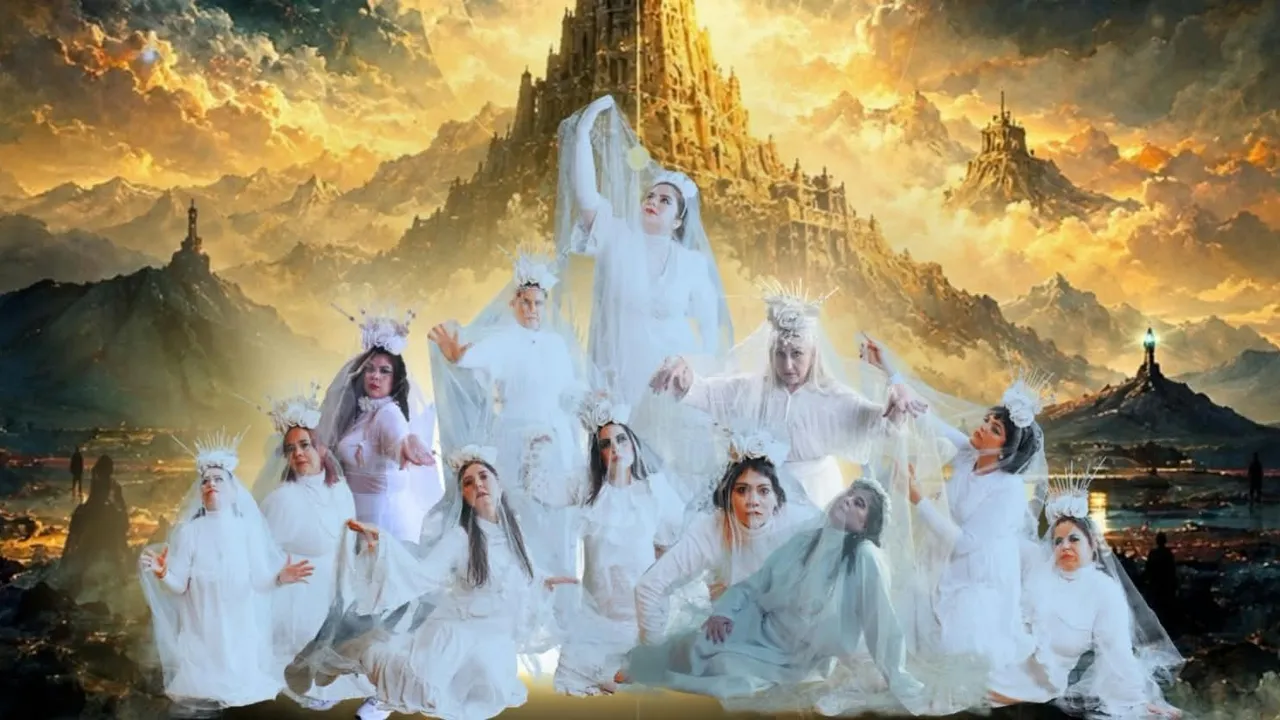 Elenco de personas vestidas de blanco con velos y tiaras en una escena fantástica sobre montañas.
