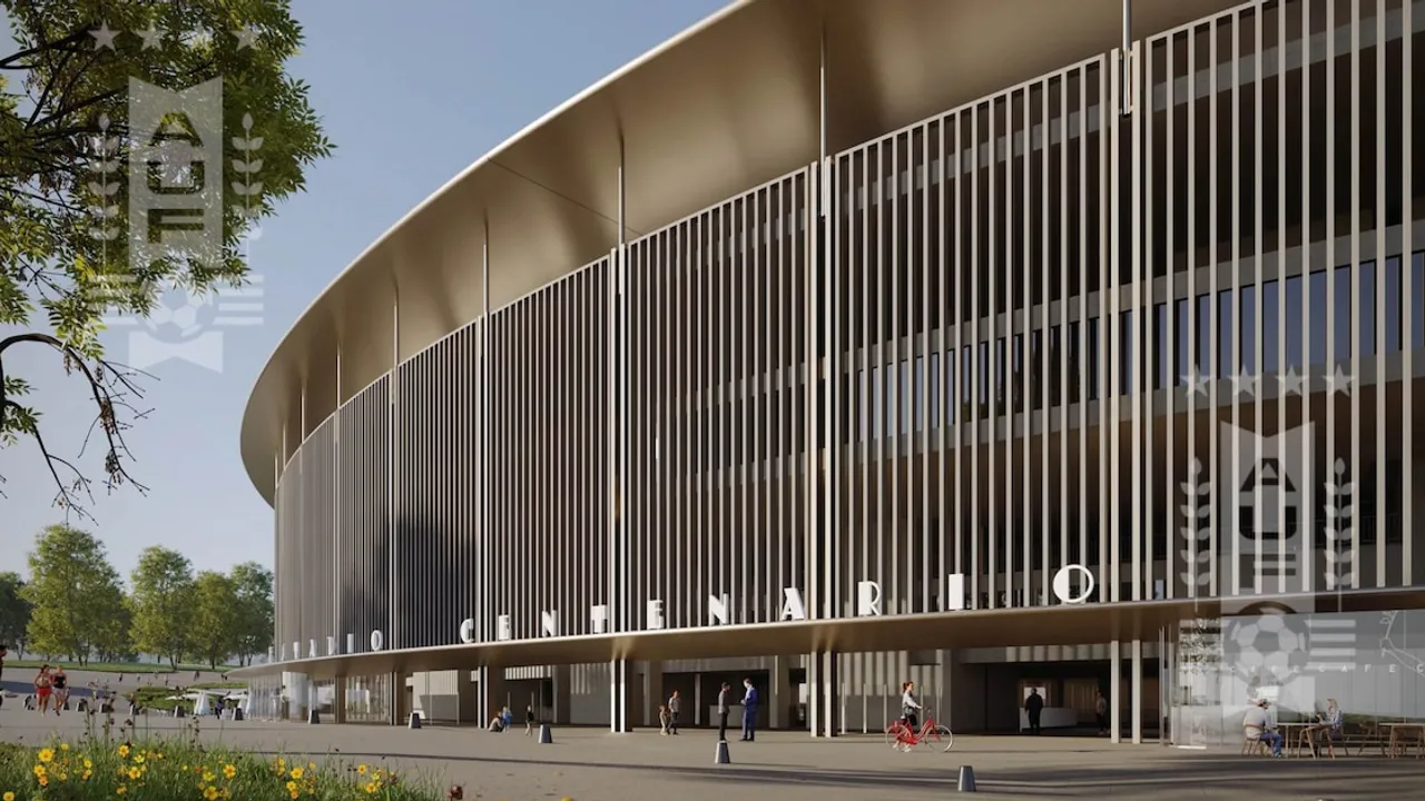 Fachada moderna del estadio Centenario con estructura metálica vertical y techo proyectado para el Mundial.