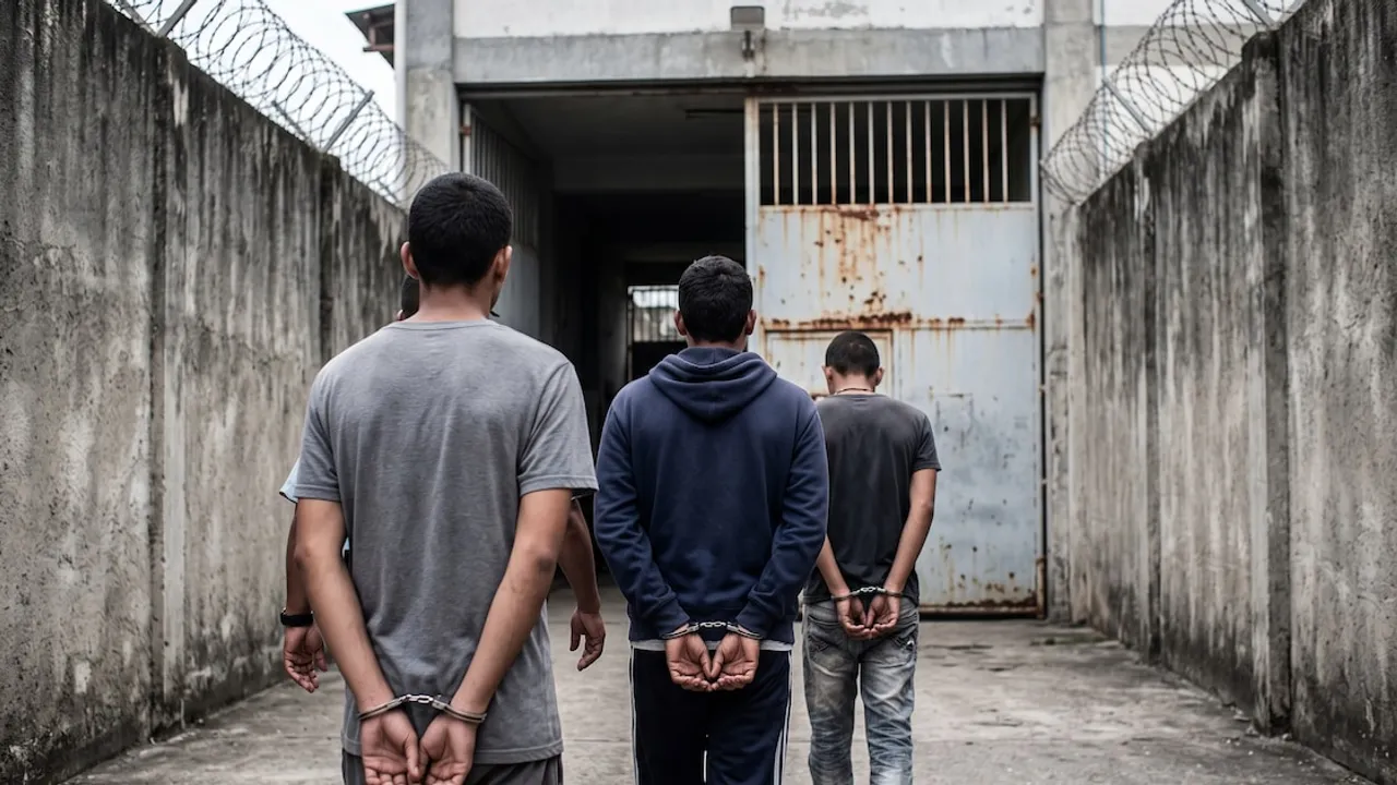 Tres hombres esposados caminan de espaldas vistiendo ropa casual hacia un enorme portón de un centro penitenciario