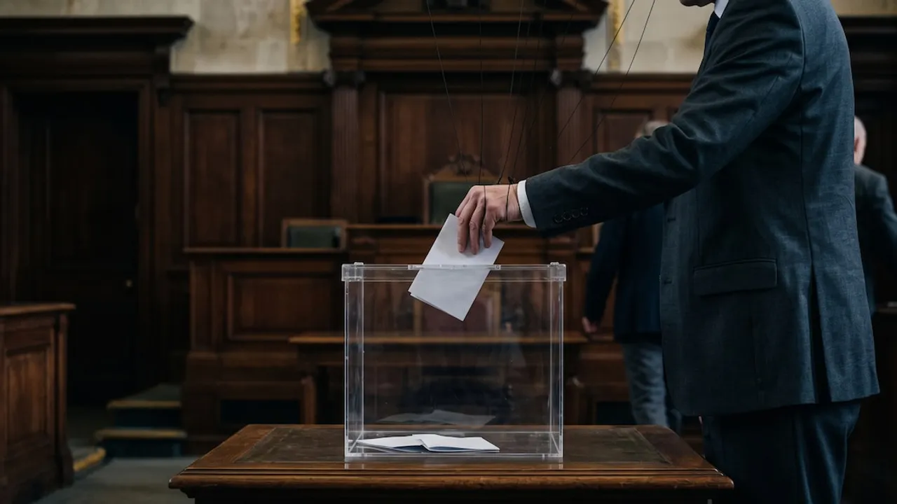 Mano con hilos de títere que deposita una papeleta en una urna transparente dentro de una sala de votación de madera.