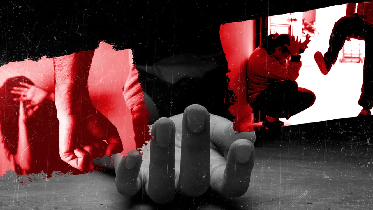 Composición artística en tonos rojos y negros que representa escenas de violencia doméstica y agresión hacia una mujer.