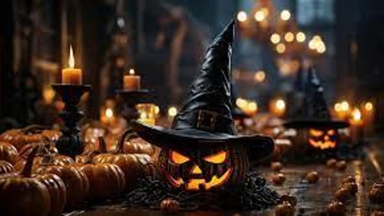 Calabazas talladas con muecas iluminadas y sombreros negros de bruja rodeadas de velas encendidas en la oscuridad.