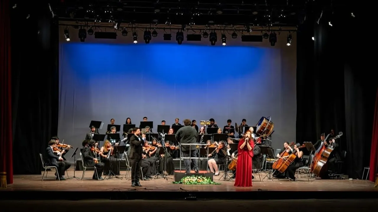 Orquesta filarmónica en un escenario teatral con solistas al frente durante un concierto de gala.
