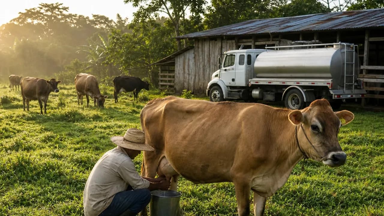 Un hombre ordeña una vaca en un campo verde al amanecer, con vacas y un camión cisterna al fondo.