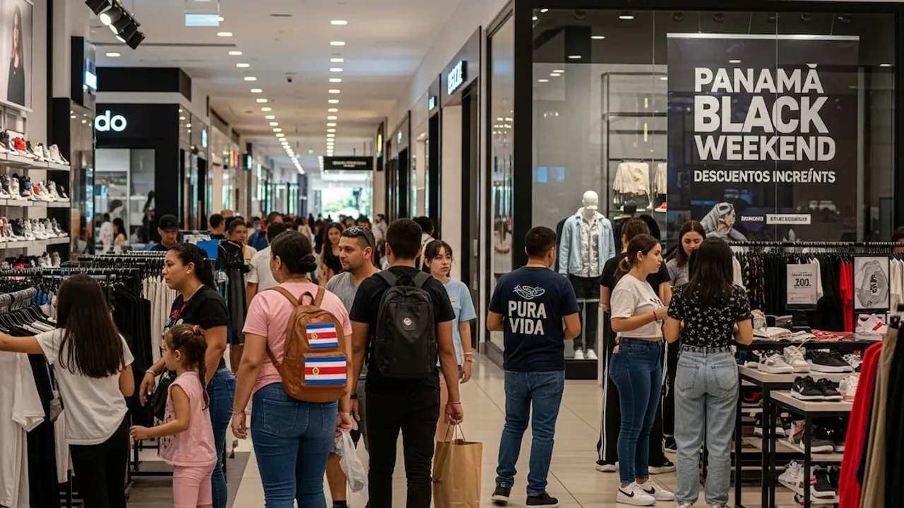 Clientes recorren los pasillos de un centro comercial con carteles del Panamá Black Weekend.