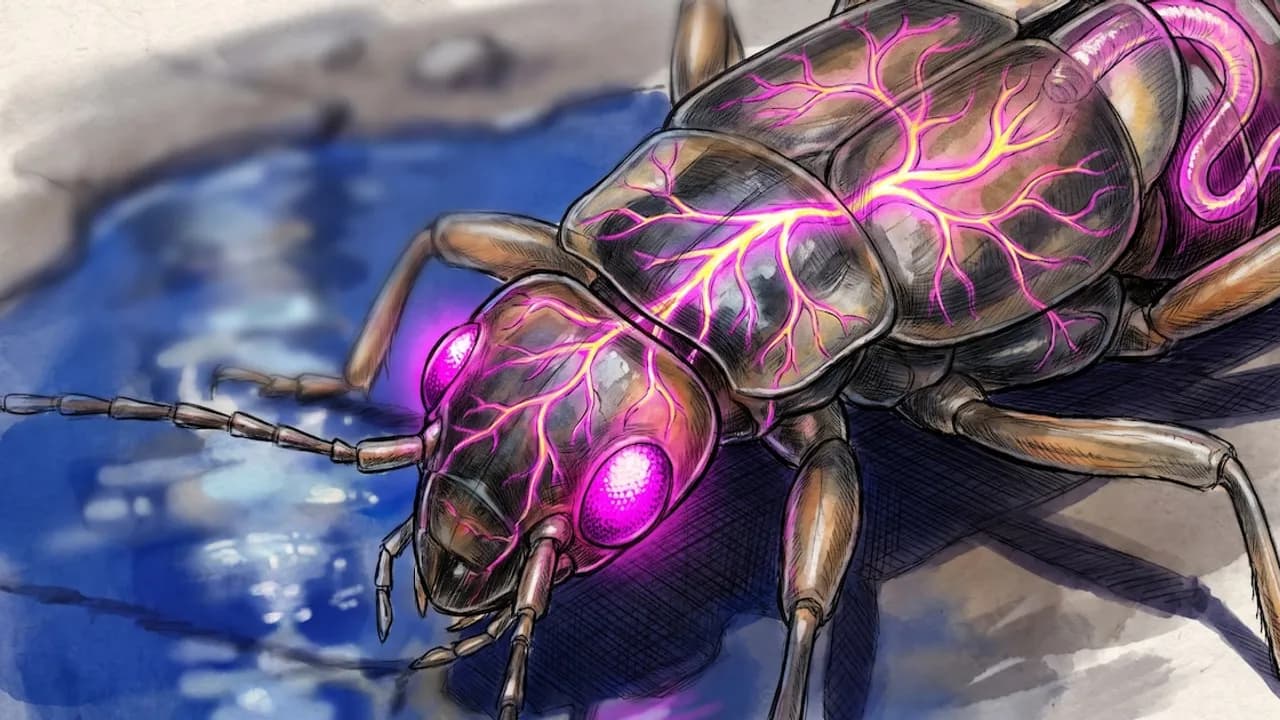 Ilustración de un insecto con líneas luminosas violetas en el cuerpo mientras camina cerca del agua.