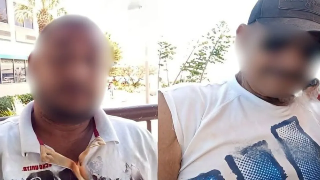 Dos hombres sentados juntos al aire libre con los rostros difuminados para proteger su identidad.