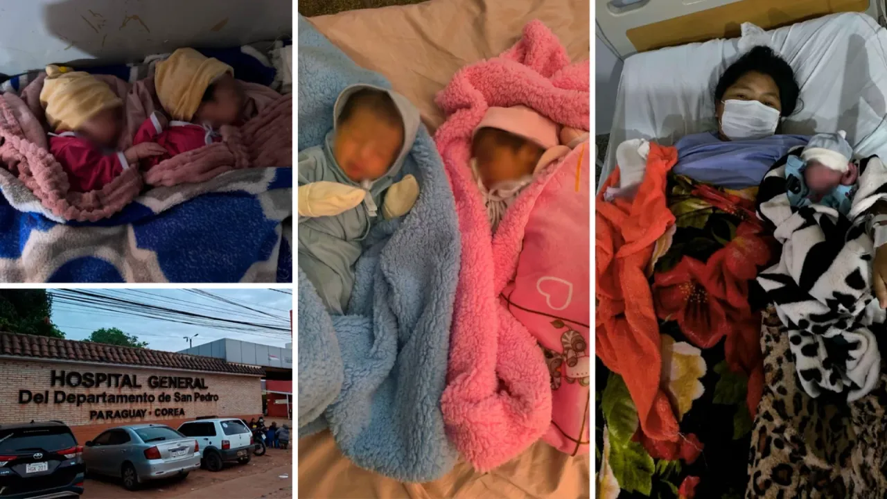 Collage que muestra bebés gemelos recién nacidos en camillas y el acceso principal del Hospital General de San Pedro.