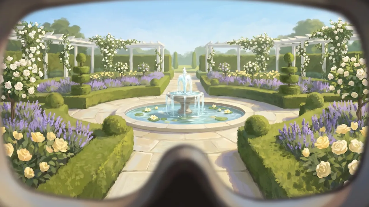 Vista a través de un visor de realidad virtual de un jardín ornamental con fuente central y flores en floración
