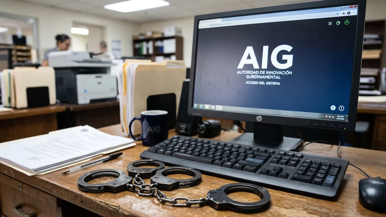 Esposas metálicas sobre un escritorio junto a un teclado, documentos y una pantalla con el logotipo de la entidad AIG.